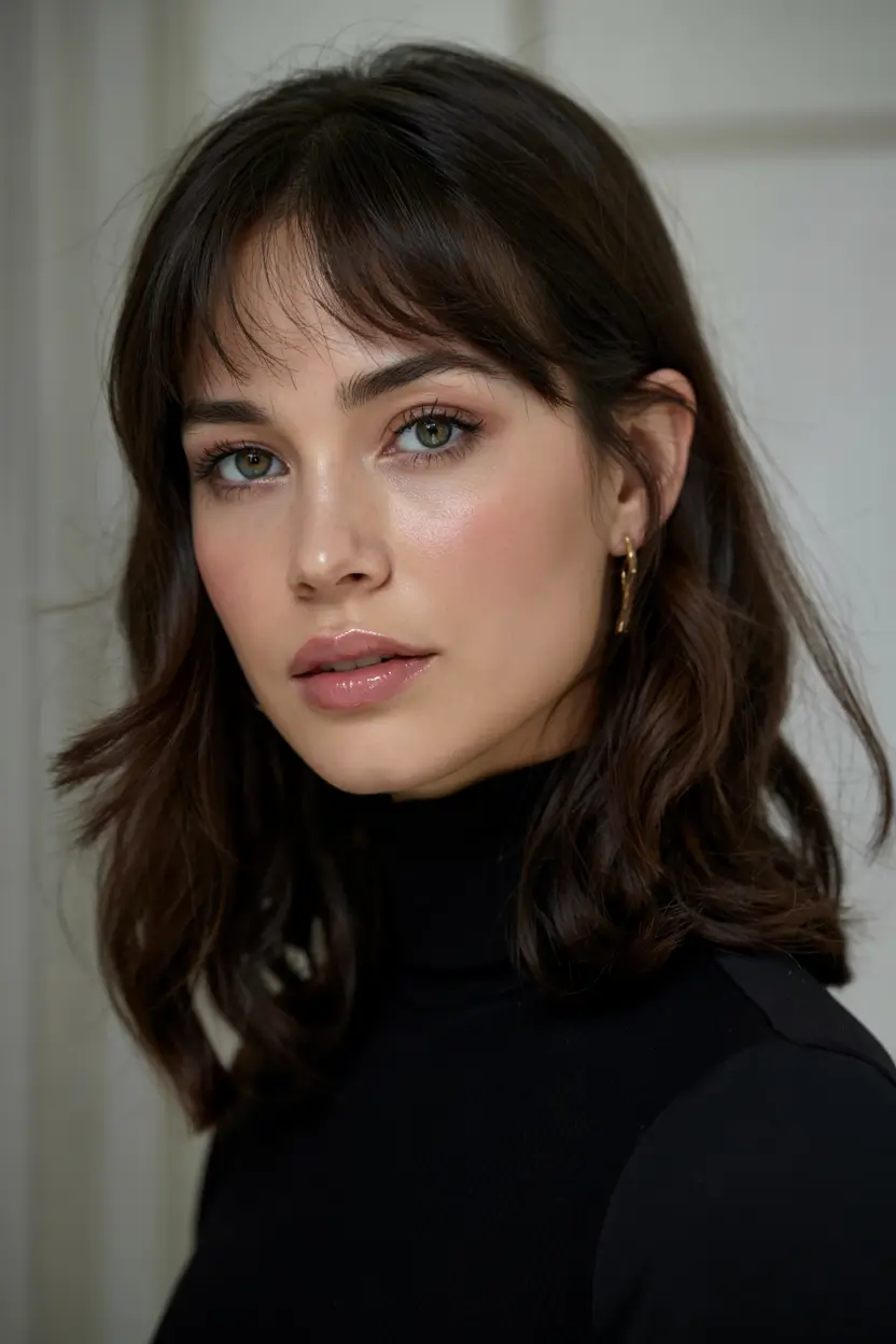 haircut for round face ideas 2026 Glossy Lob with Airy Baby Bangs