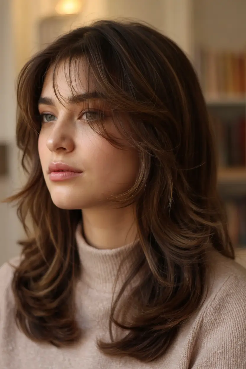 haircut for round face ideas 2026 Soft Layers with Cascading Curtain Fringe