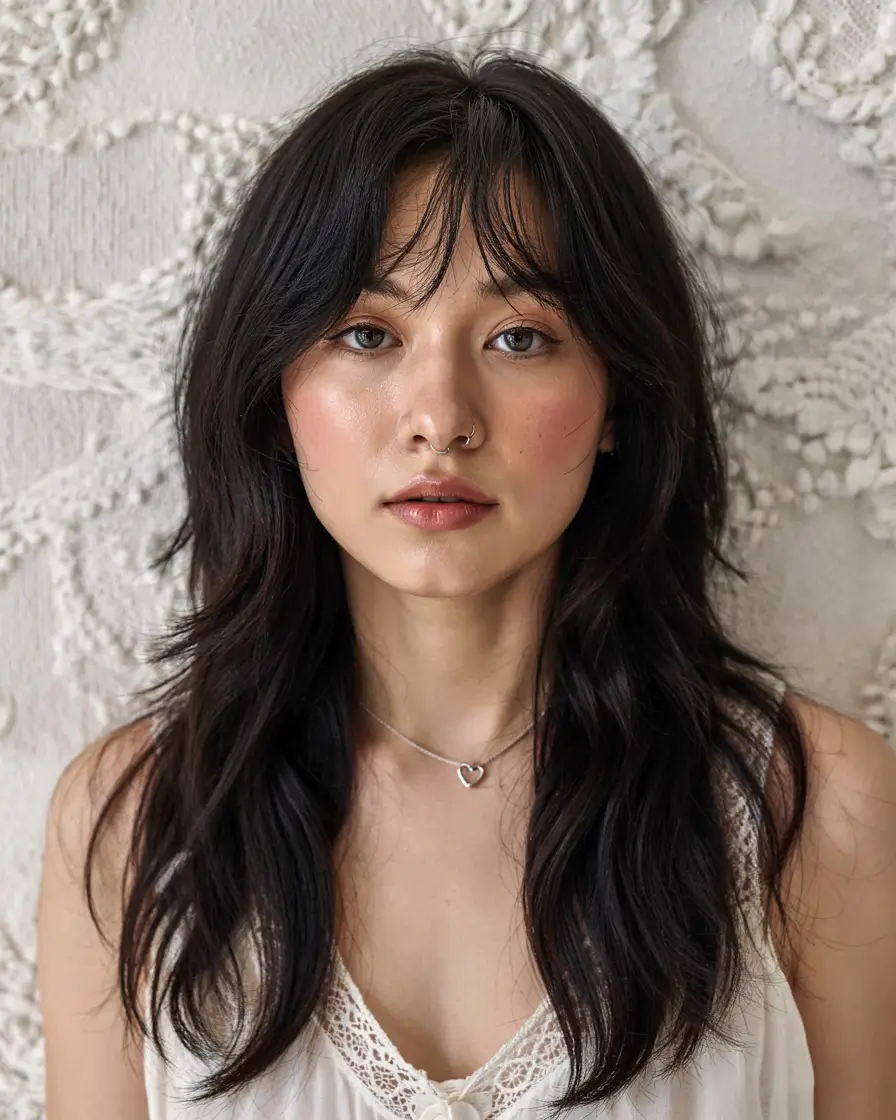 haircut for round face ideas 2026 Textured Butterfly Layers on Long Hair