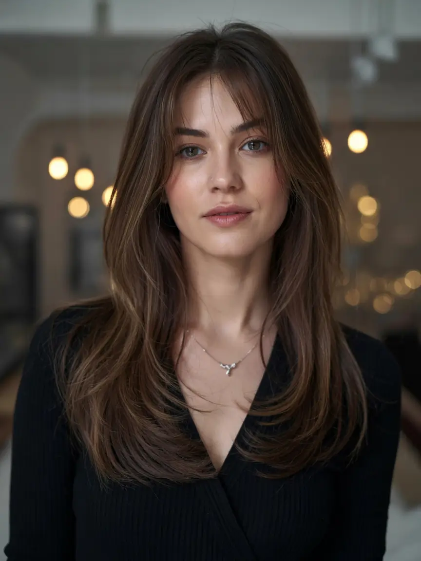 haircut for round face ideas 2026 Grown-Up Layers with Understated Bangs