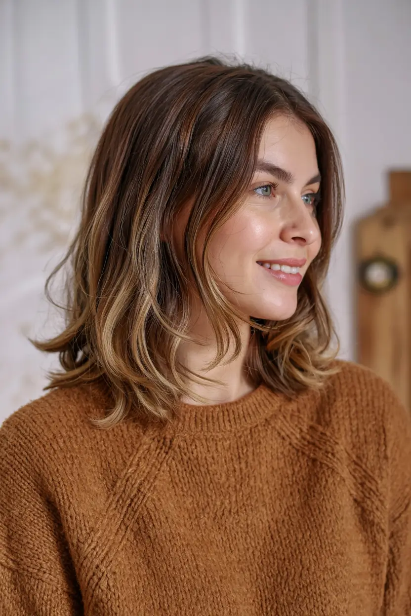 haircut for round face ideas 2026 Golden Balayage on Choppy Mid-Length Cut