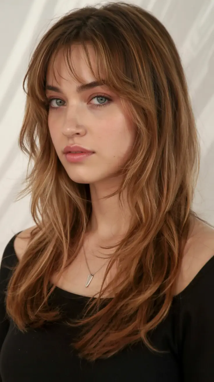 haircut for round face ideas 2026 Feathered Layers with Bottleneck Bangs