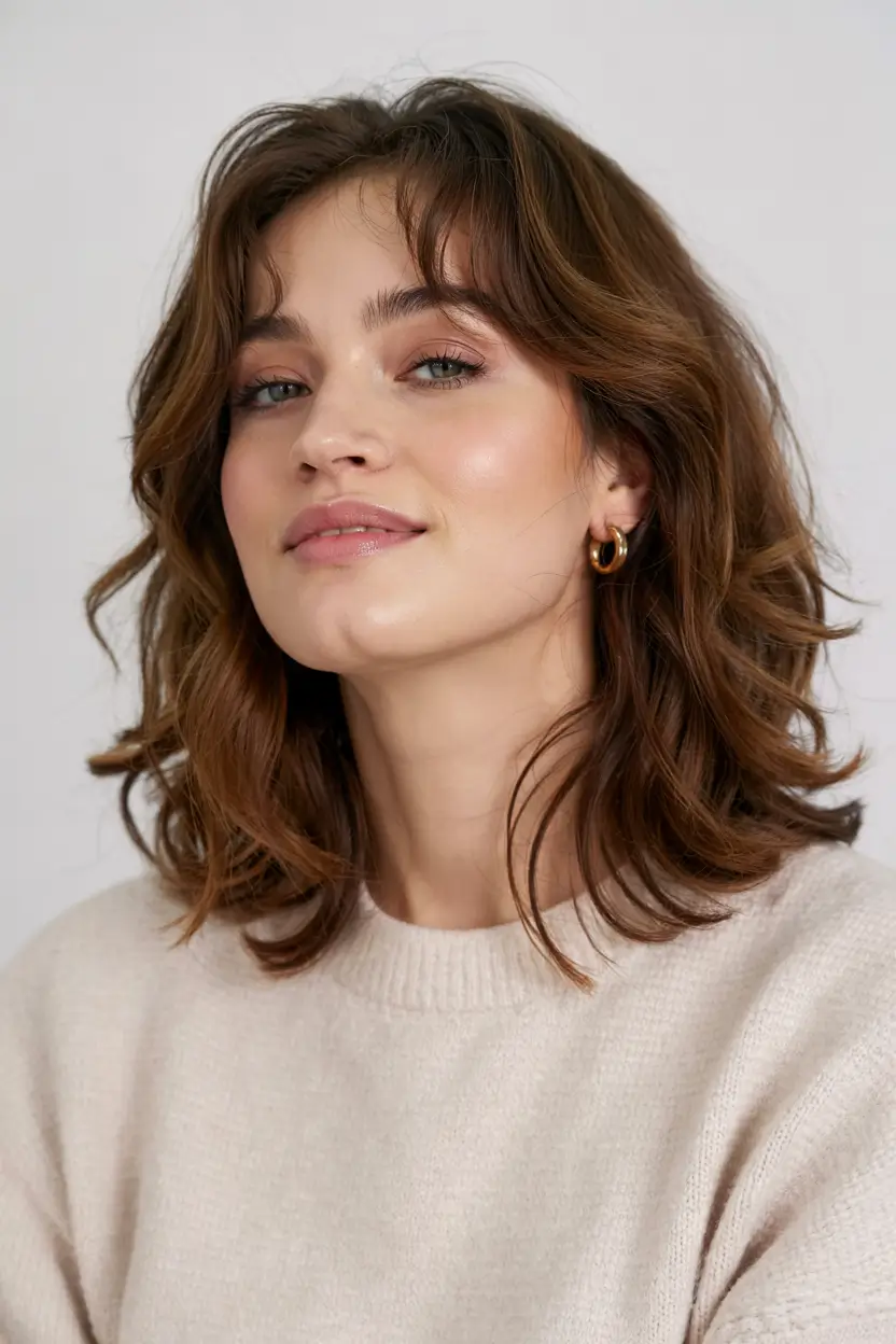 haircut for round face ideas 2026 Layered Lob with Bouncy Body