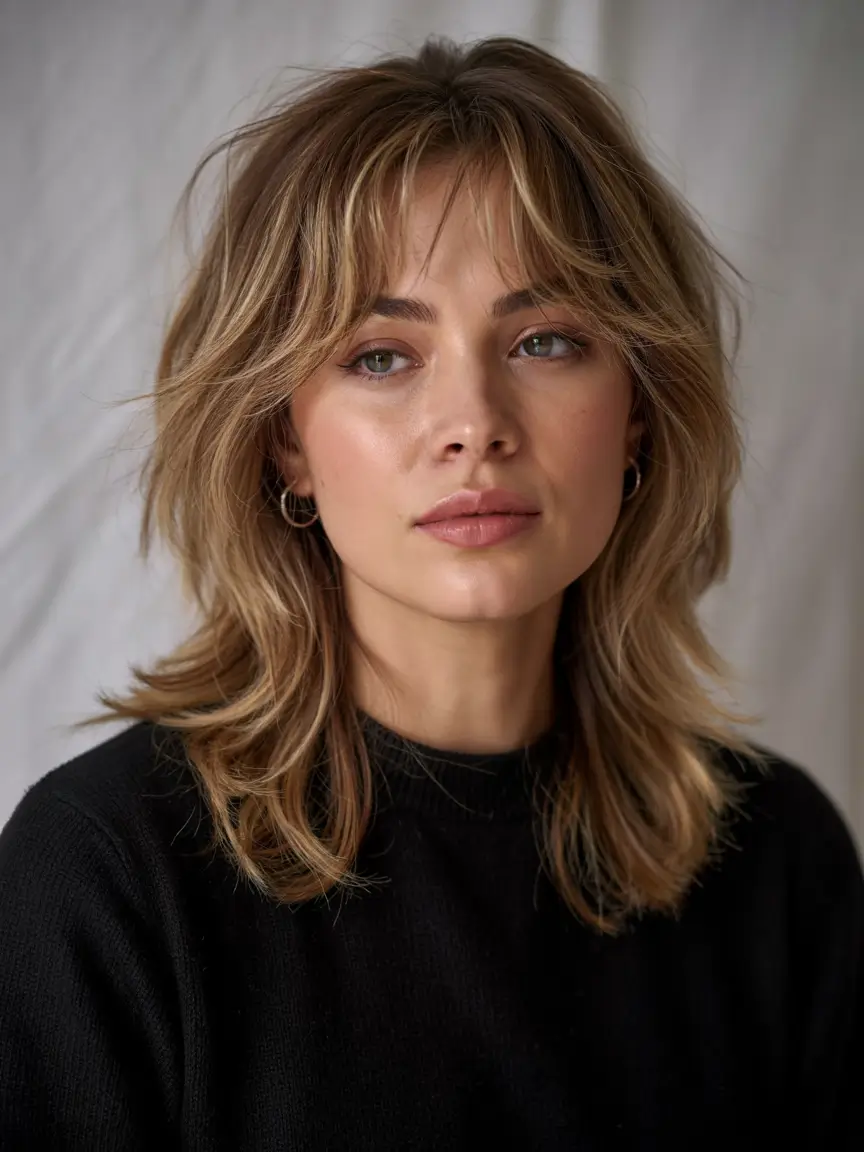 haircut for round face ideas 2026 Shag-Inspired Layers with Lived-In Bangs