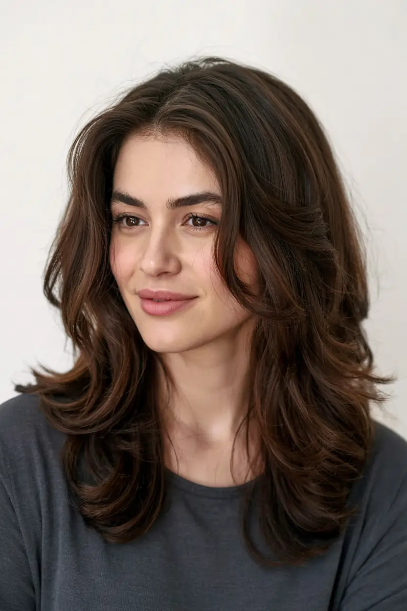 haircut for round face ideas 2026 Layered Volume with Bouncy Blowout