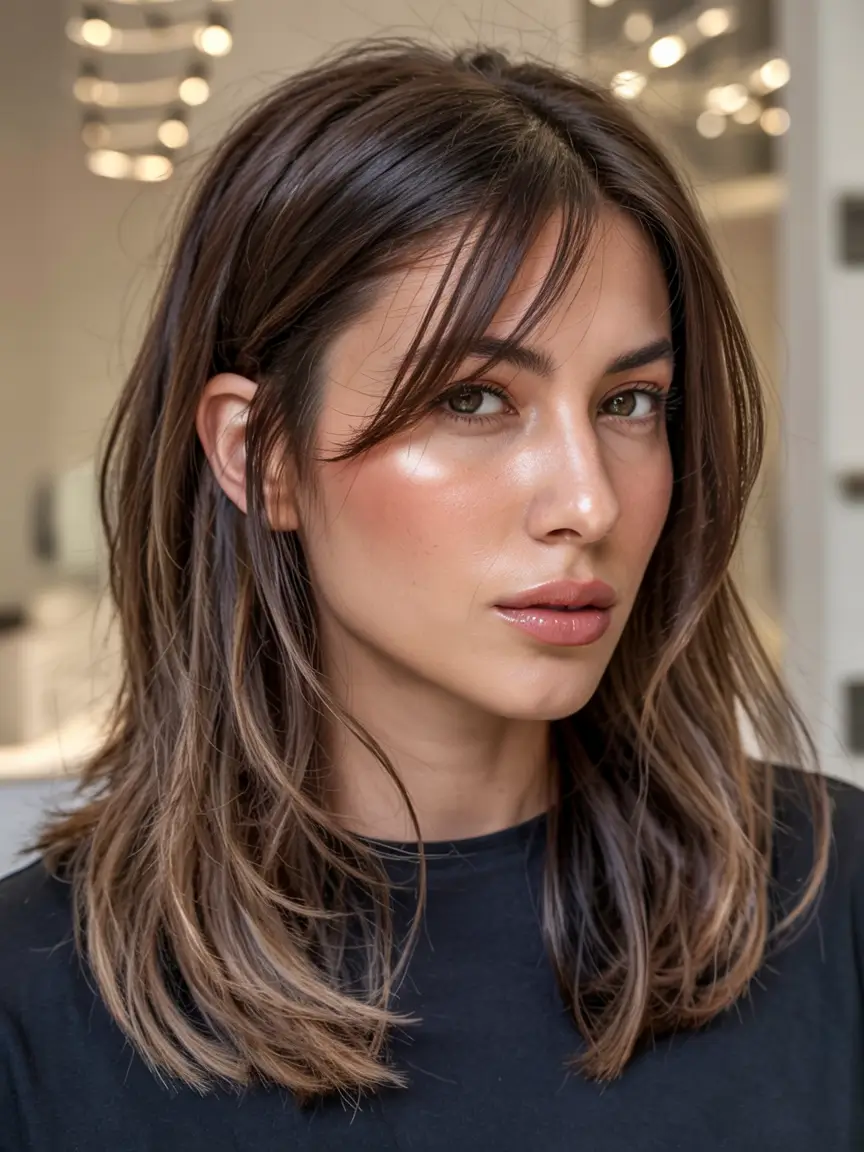 haircut for round face ideas 2026 Wispy Curtain Bangs with Tapered Ends