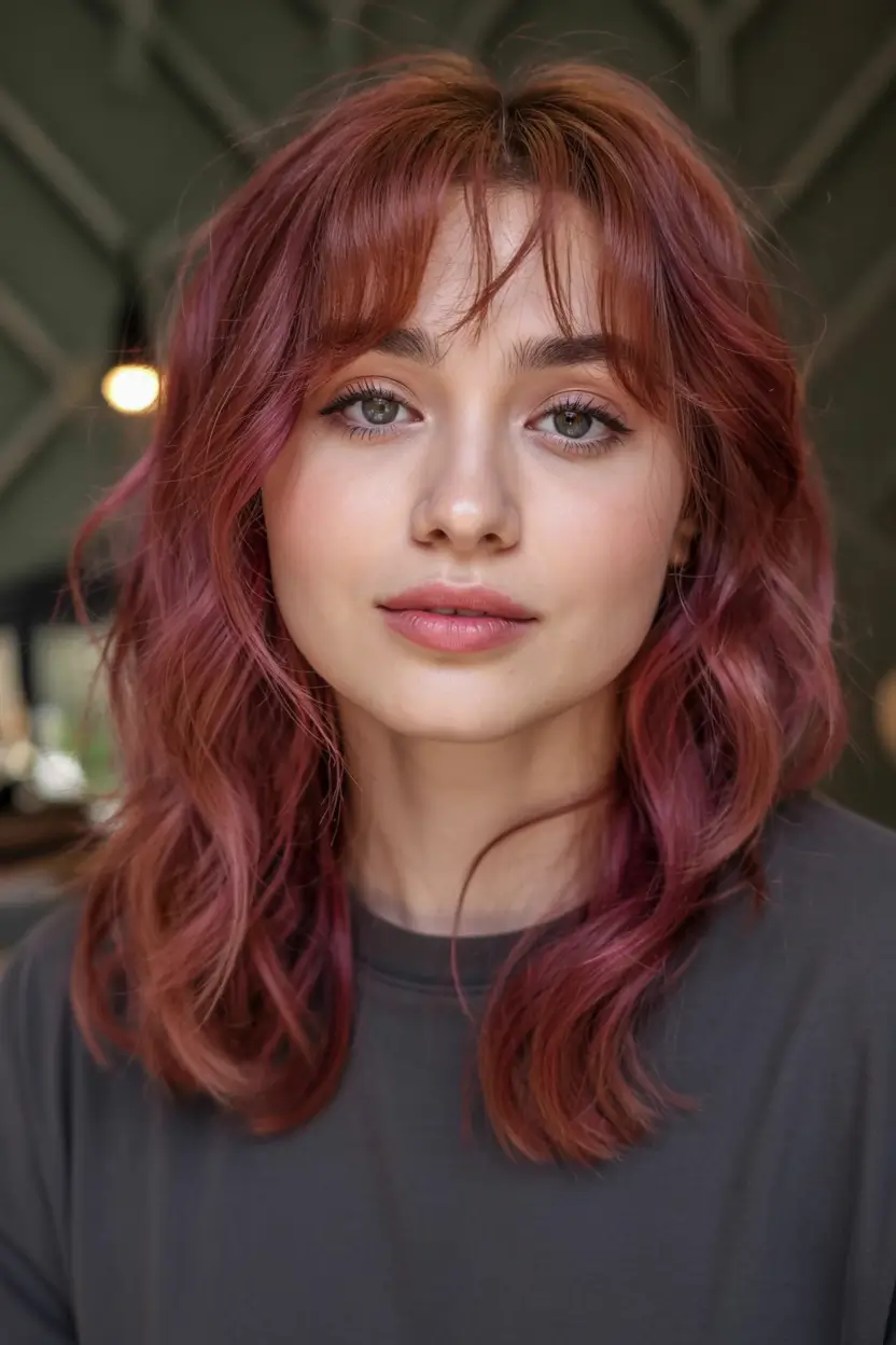 haircut for round face ideas 2026 Choppy Waves with Copper-Rose Color