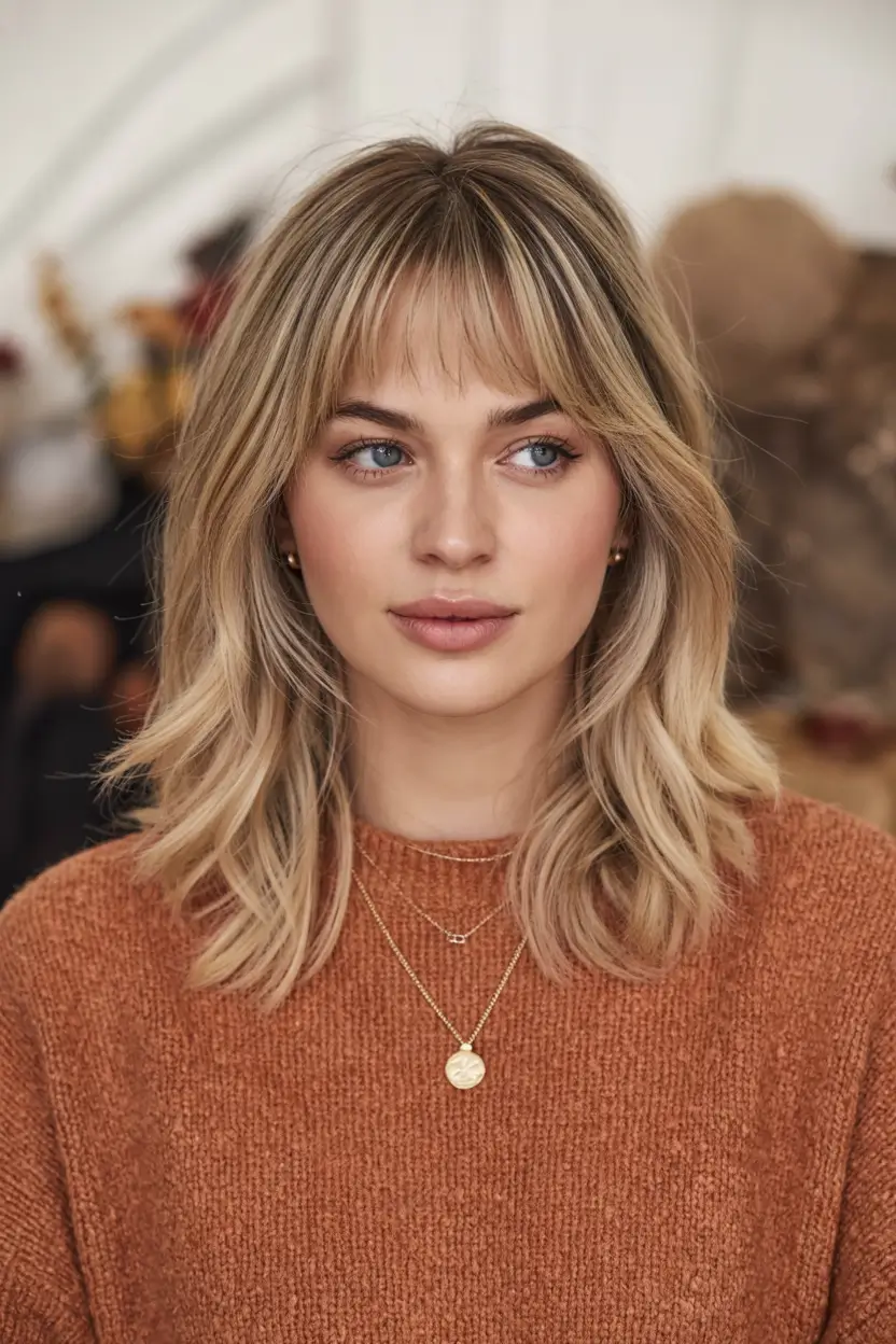 haircut ideas 2026 Blonde Midi Shag with Wispy Bangs