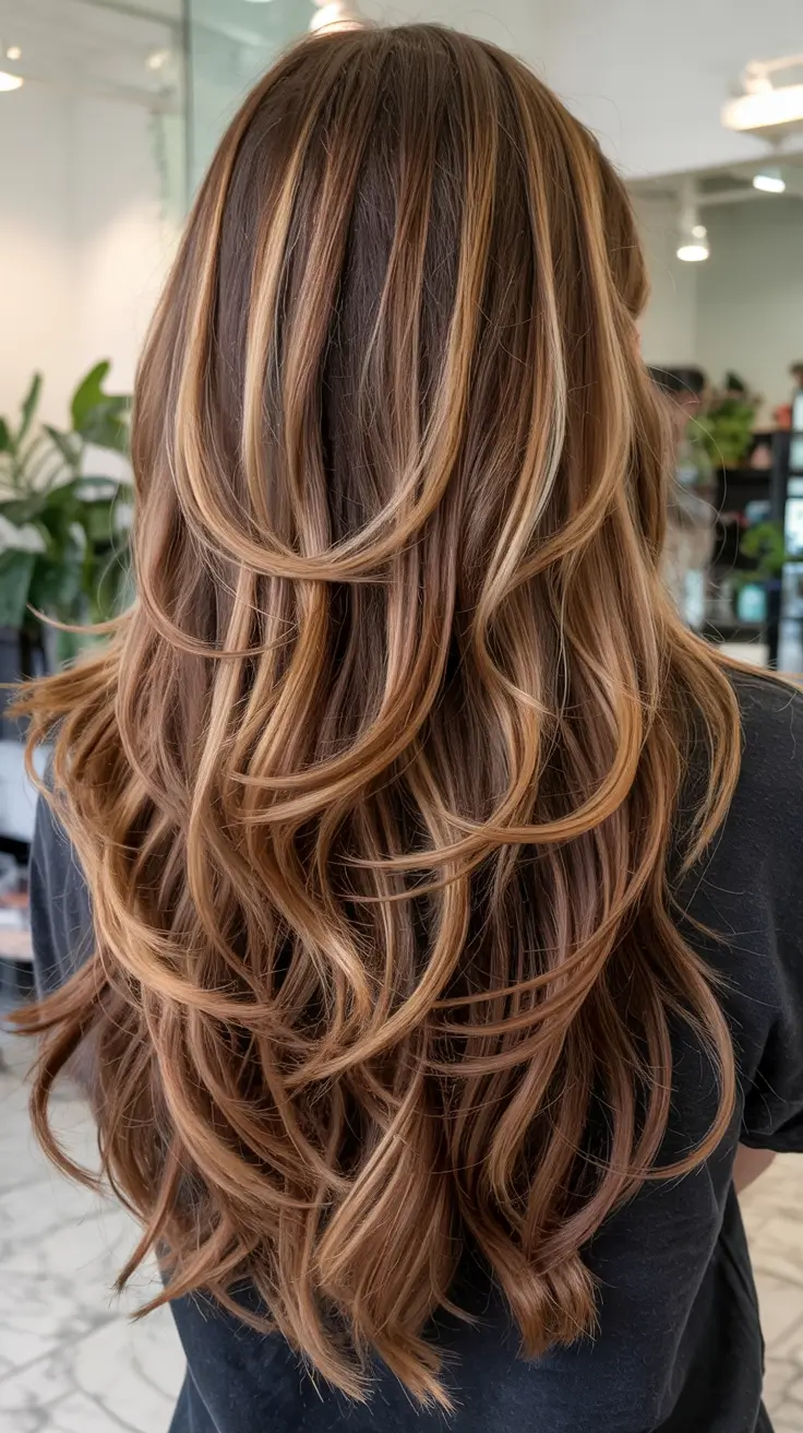 haircut ideas 2026 Ribbon Layered Brunette with Butterscotch Highlights
