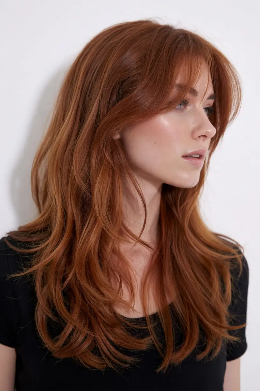 haircut ideas 2026 Layered Copper with Piece-y Fringe