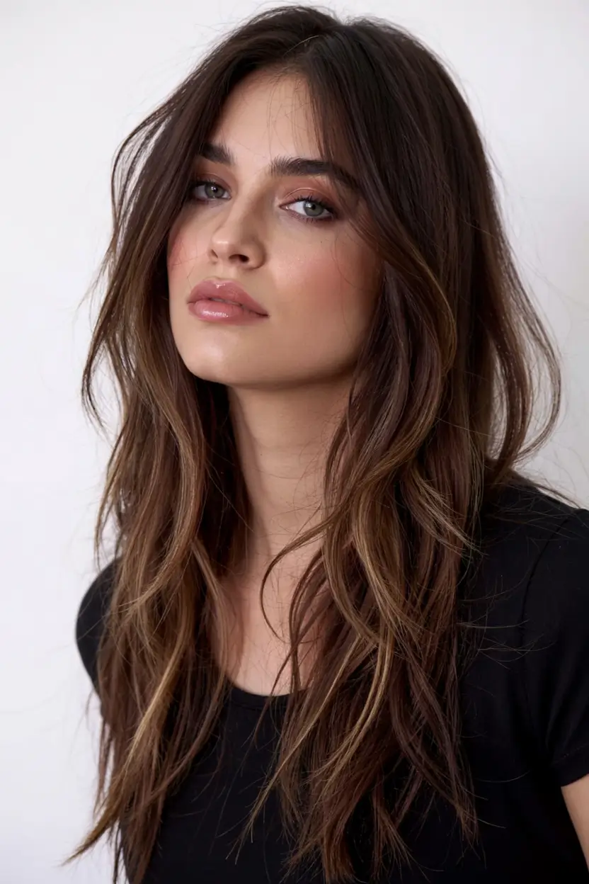 haircuts for long hair ideas 2026 Warm Brunette with Lush Textured Layers