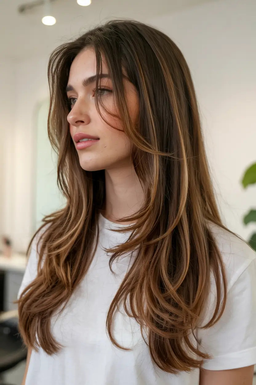 haircuts for long hair ideas 2026 Glossy Mid-Tone Brunette with Seamless Contour Layers