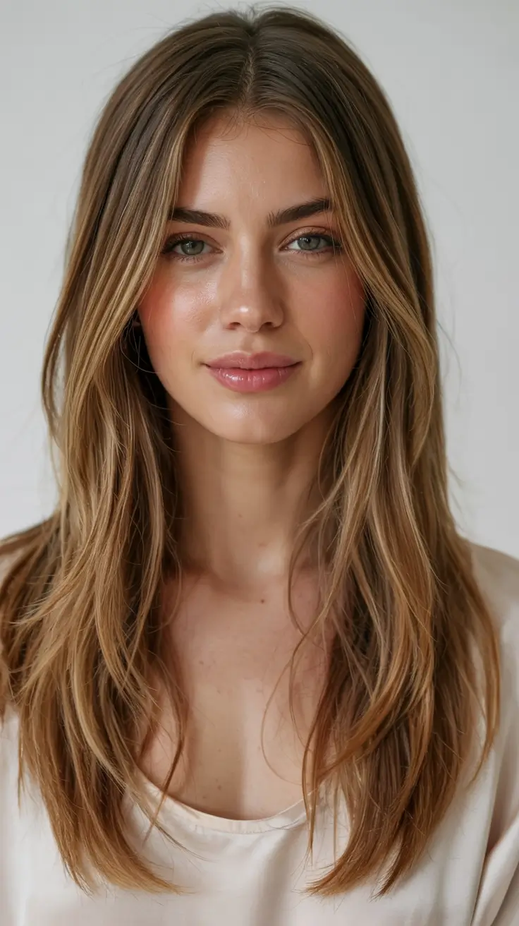 haircuts for long hair ideas 2026 Cool Hazelnut with Barely-There Layers