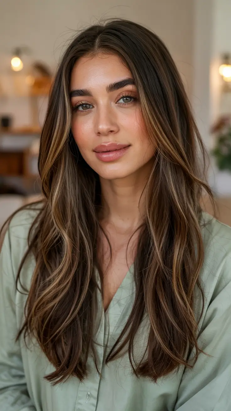 haircuts for long hair ideas 2026 Golden Chestnut with Subtle Radiance Layers