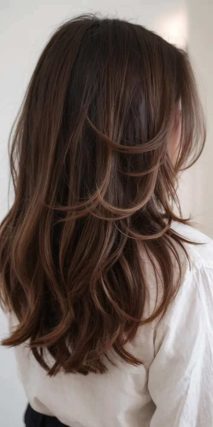haircuts for long hair ideas 2026 Chocolate Swoop Layers with Mid-Back Fall