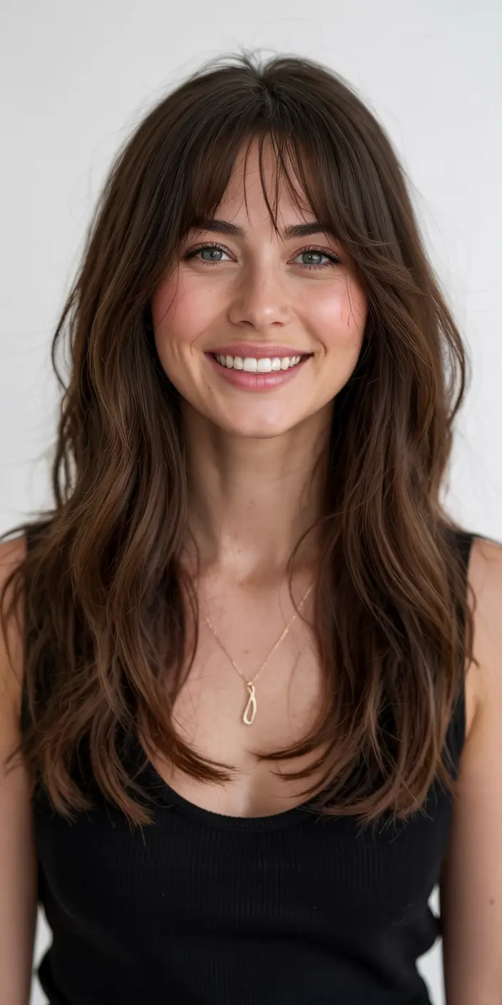 haircuts for long hair ideas 2026 Soft Brunette Shag with Wispy Bangs