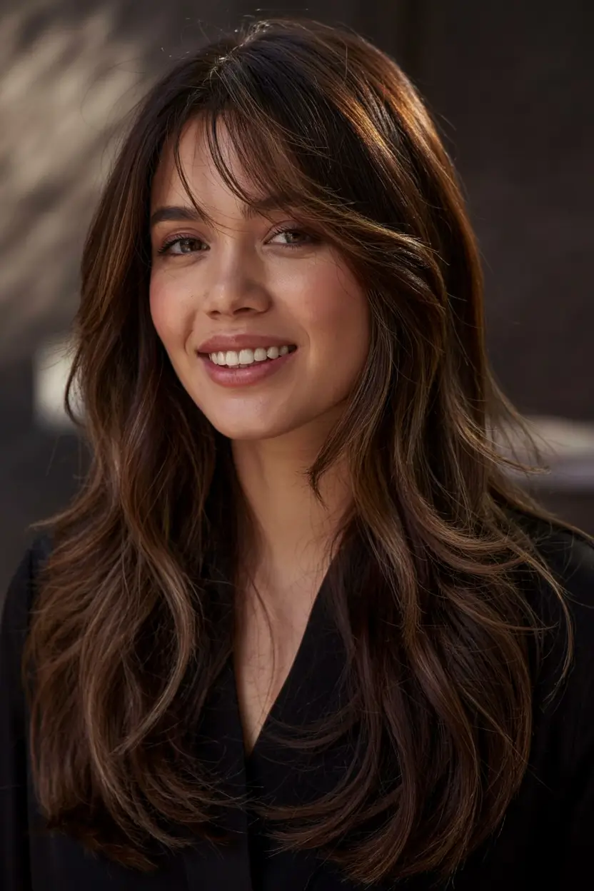 haircuts for long hair ideas 2026 Face-Lit Brunette Layers with Soft Curtain Fringe