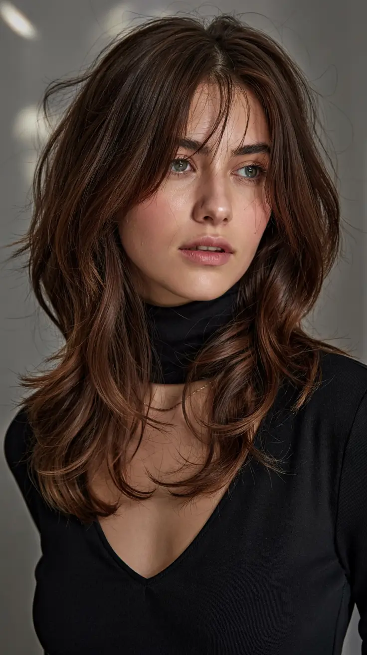 haircuts for long hair ideas 2026 Feathered Chestnut Layers with French-Girl Bangs