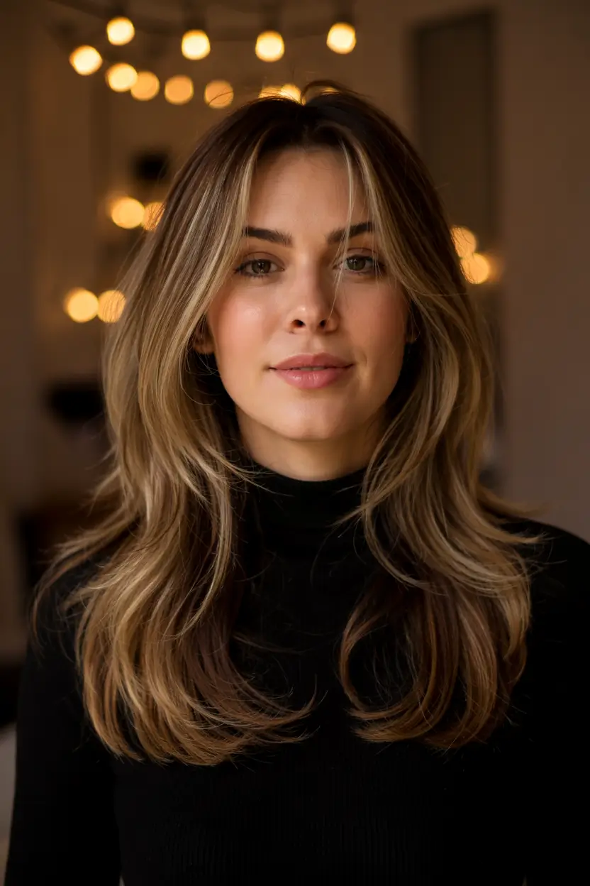 haircuts for long hair ideas 2026 Golden Brunette with ’90s-Inspired Swoop Layers