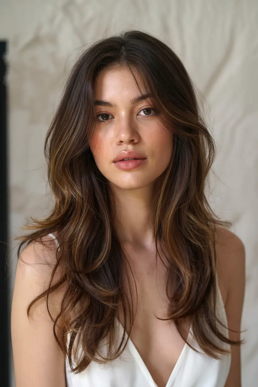 haircuts for long hair ideas 2026 Glossed Cocoa Layers with Barely-There Balayage