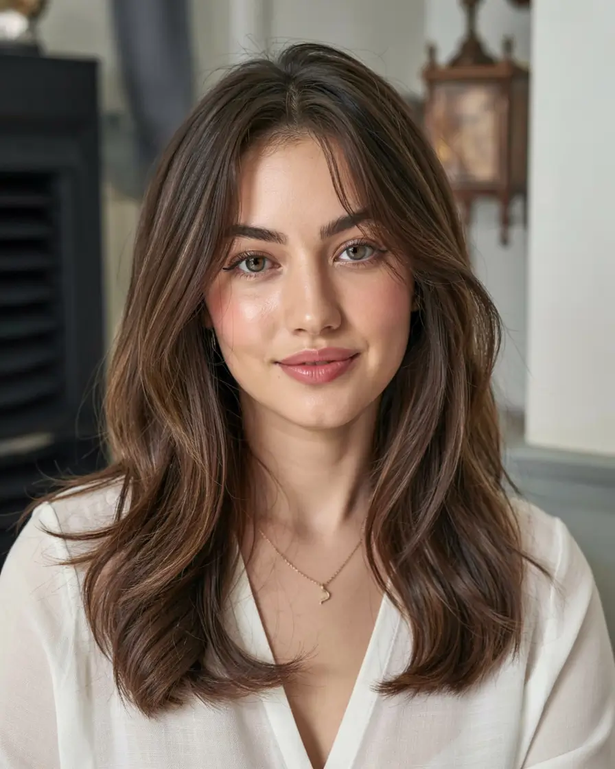 haircuts for long hair ideas 2026 Chocolate Rosewood with Soft C-Curve Layers