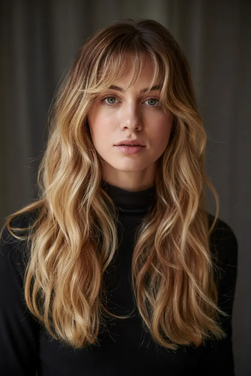 haircuts for long hair ideas 2026 Honey-Dipped Waves with Textured Curtain Bangs