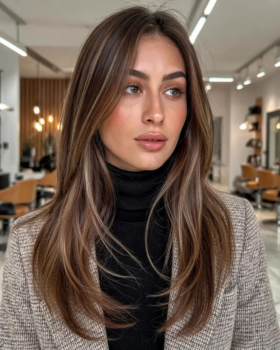 haircuts for long hair ideas 2026 Rooted Mocha with Sculpted Long Layers