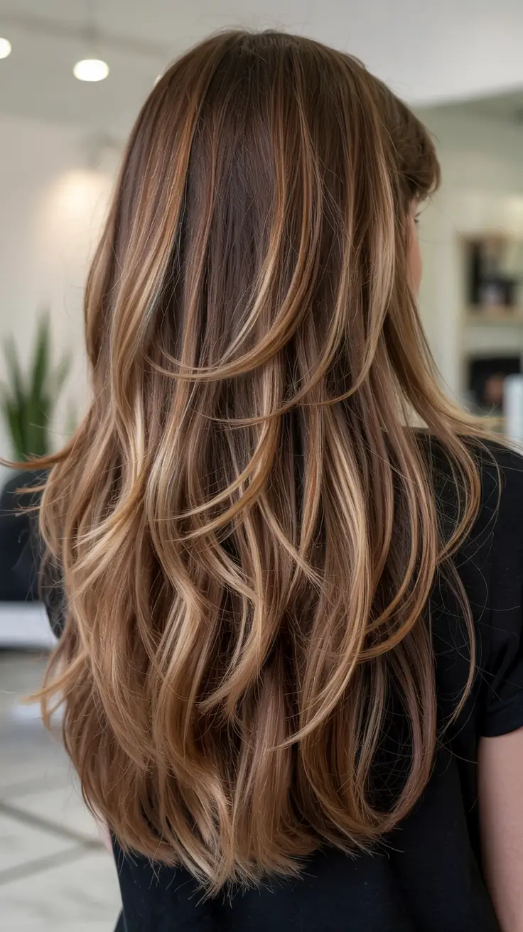 haircuts for long hair ideas 2026 Caramel Ribbon Layers with Flowy Mid-Lengths