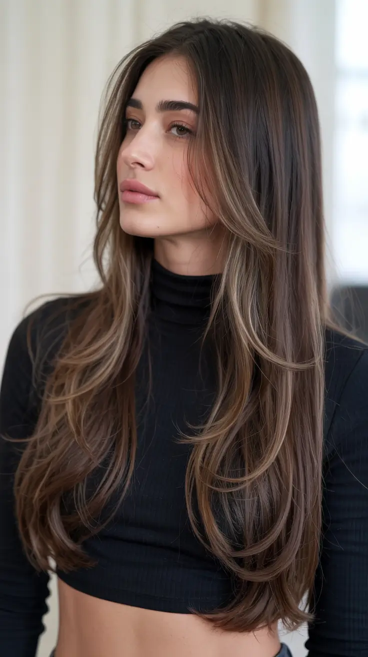 haircuts for long hair ideas 2026 Espresso Swirl with Money Piece Highlights