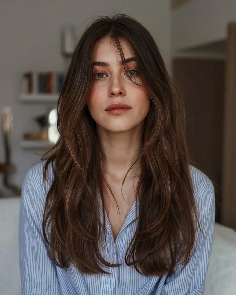 haircuts for long hair ideas 2026 Soft Layers with Cocoa Shine
