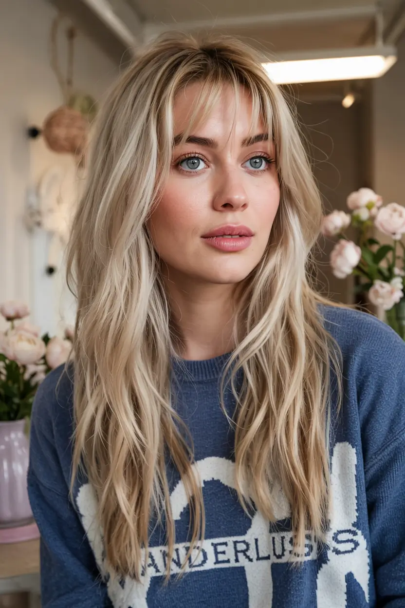 haircuts for long hair ideas 2026 Platinum Champagne with Fringe Layers