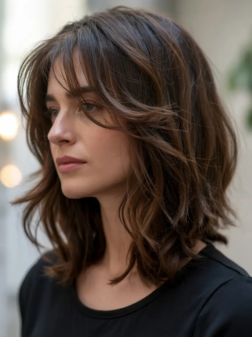 haircuts for medium hair 2026 Textured Layers with Modern Curtain Bangs