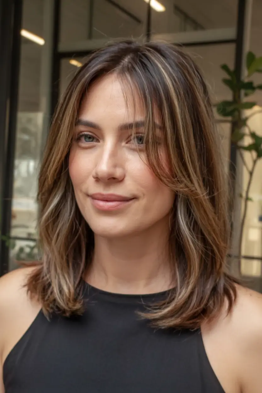 haircuts for medium hair 2026 Bronze Ribbons on a Sleek Layered Base