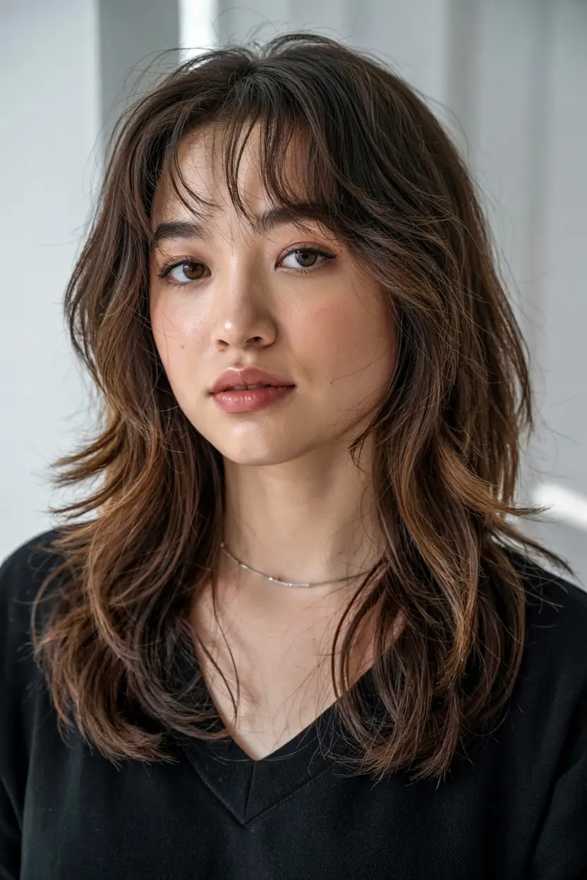 haircuts for medium hair 2026 Layered Wolfette with Piecey Bangs