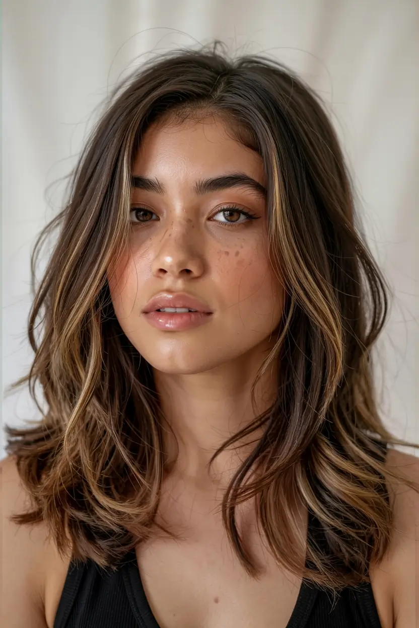 haircuts for medium hair 2026 Golden Hour Brunette with Delicate Flicks