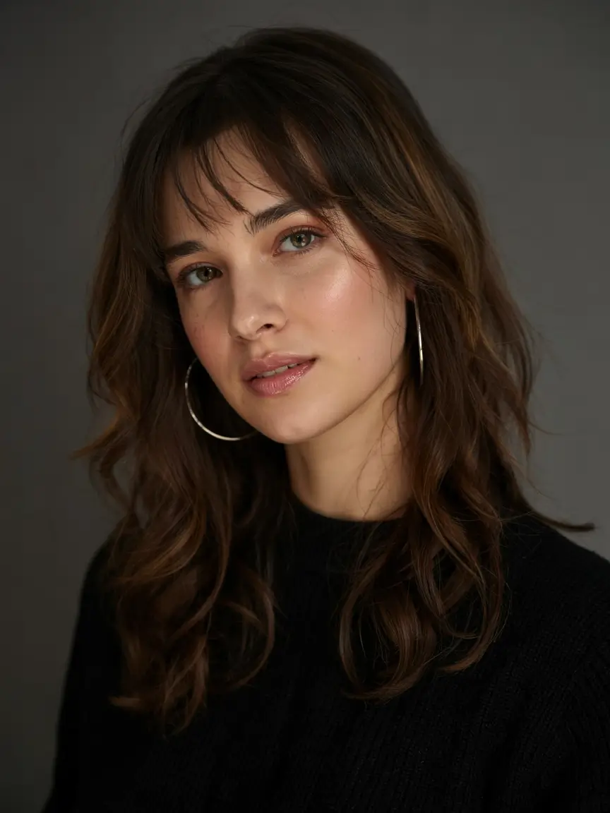 haircuts for medium hair 2026 Loose Waves with Wispy Fringe Layers