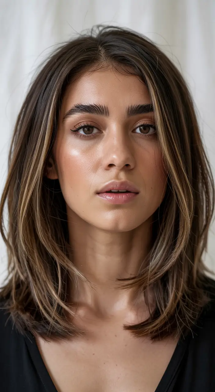 haircuts for medium hair 2026 Illuminated Brunette with Layered Contour
