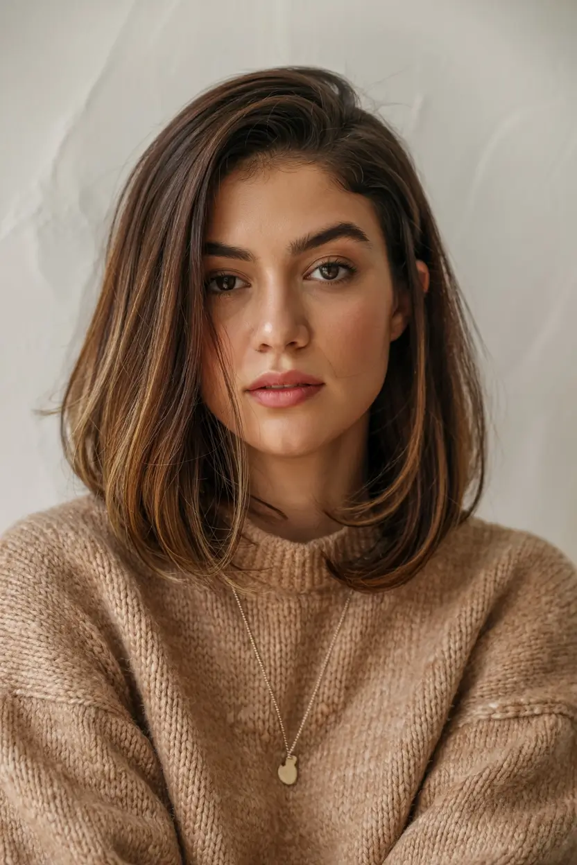 haircuts for medium hair 2026 Clean Lob with Espresso Ribbon Highlights