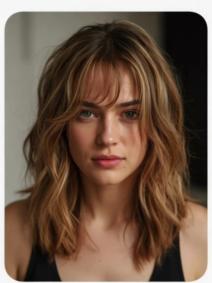 haircuts for medium hair 2026 Shaggy Blonde Texture with Baby Bangs