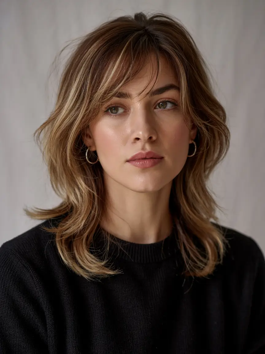 haircuts for thin fine hair 2026 Layered Mid-Length Shag with Side Bangs