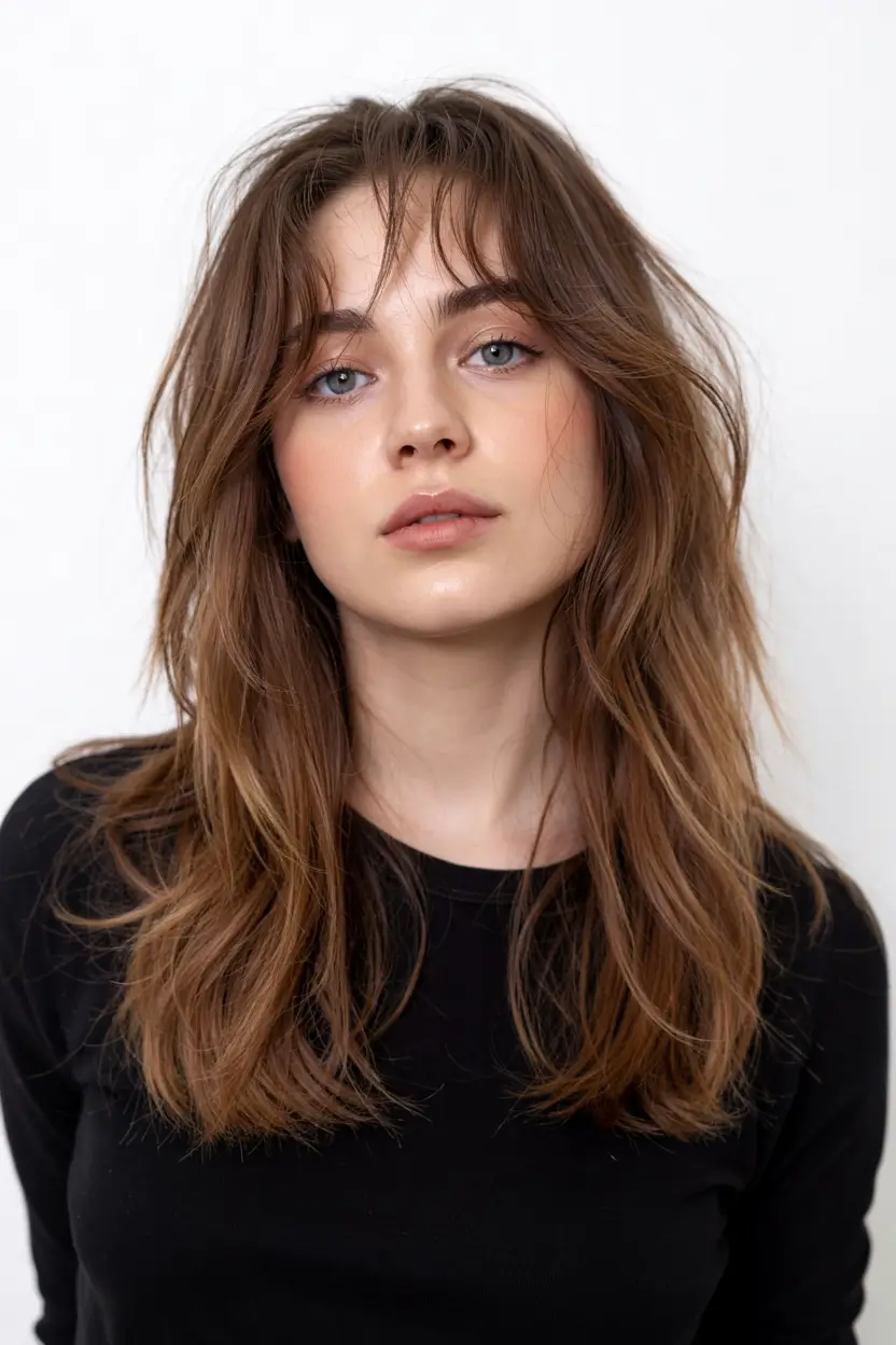 haircuts for thin fine hair 2026 Shattered Layers with Light Bardot Bangs