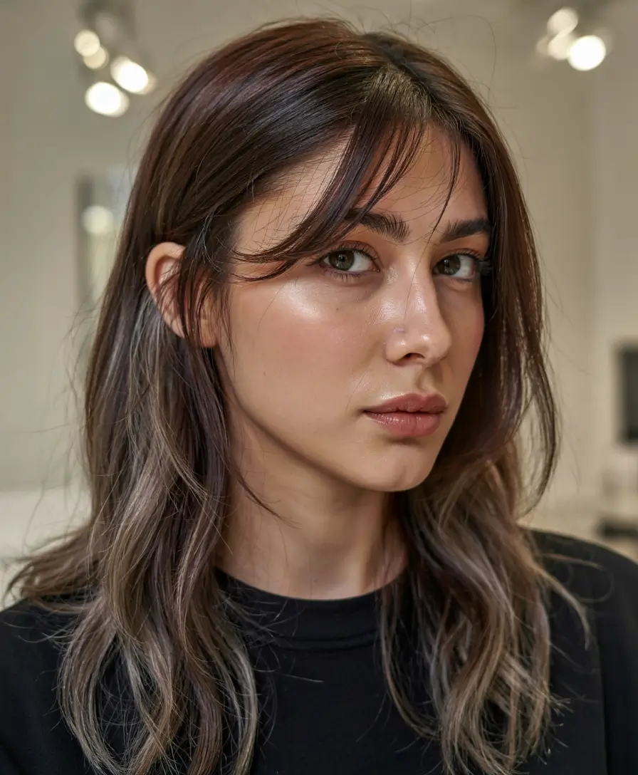 haircuts for thin fine hair 2026 Dark Mauve Brunette with Long Bottleneck Bangs