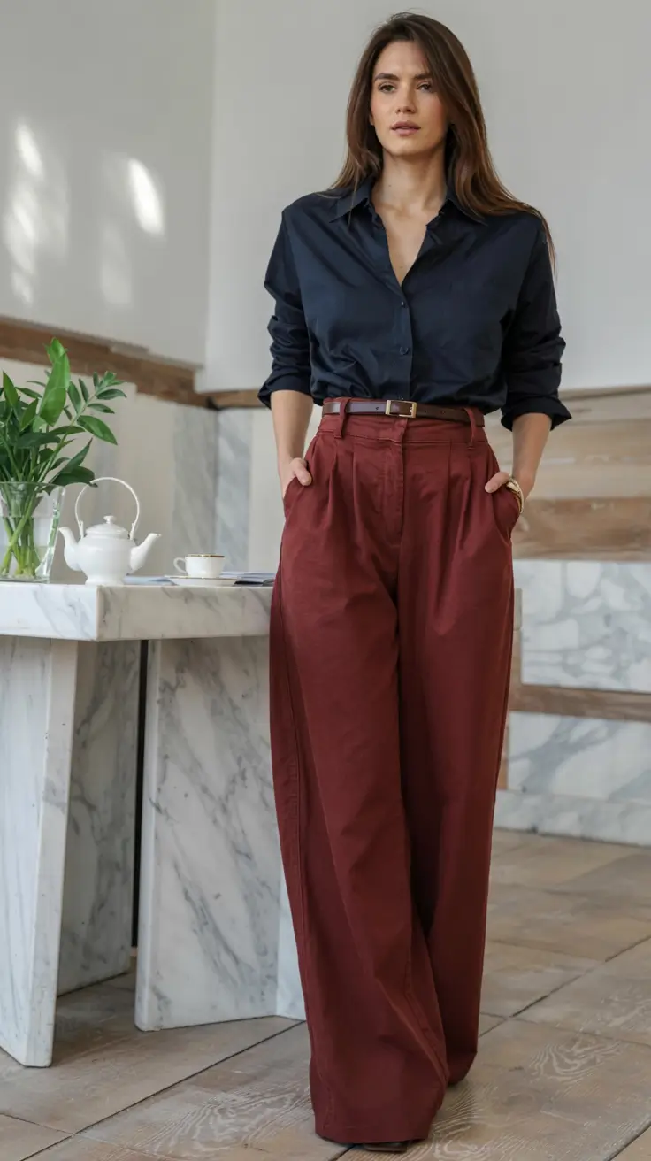 modern business casual outfits for women 2026 Deep Navy and Terracotta Contrast