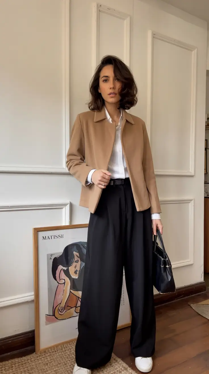 modern business casual outfits for women 2026 Camel Jacket and Effortless Black Trousers