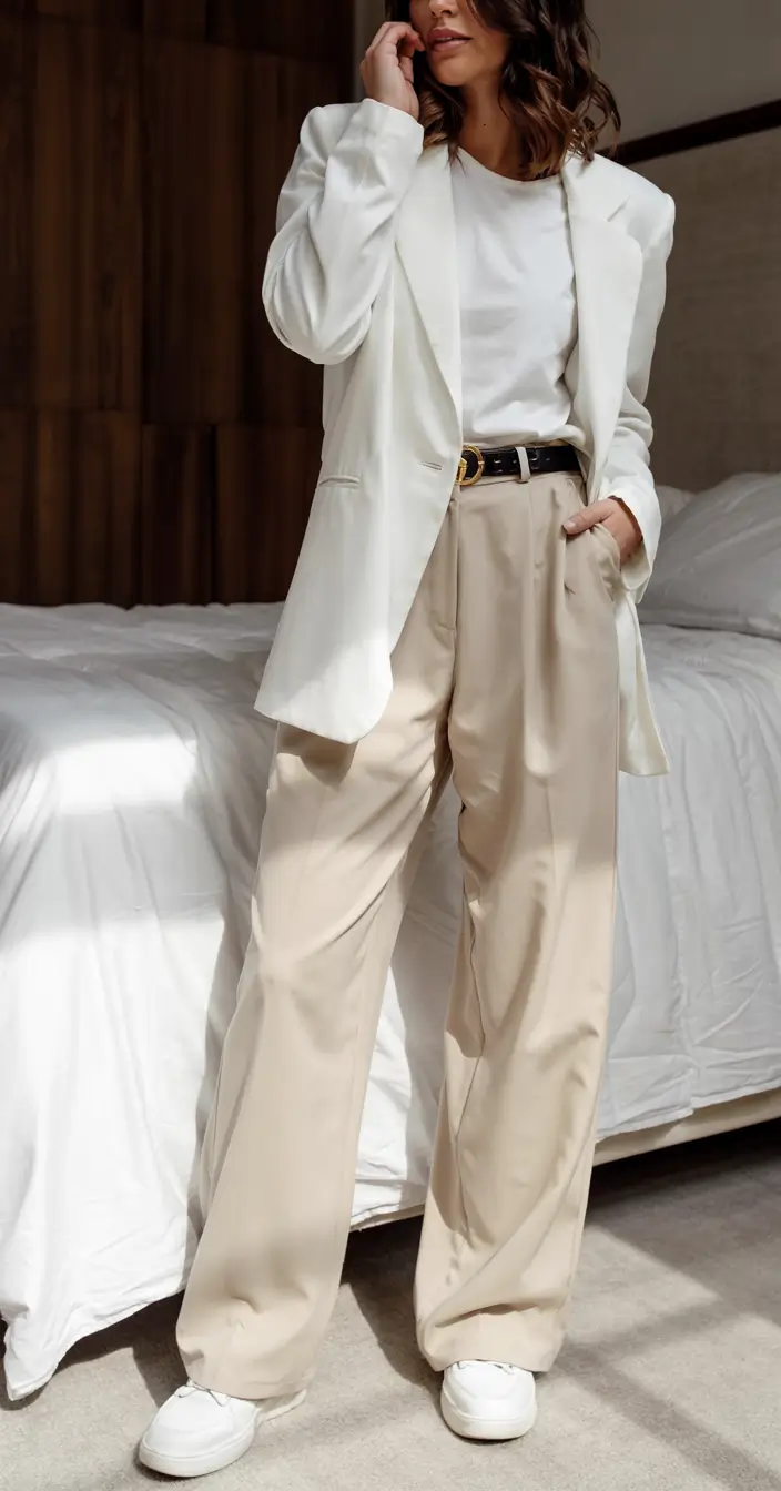 modern business casual outfits for women 2026 White Blazer and Cream Ease