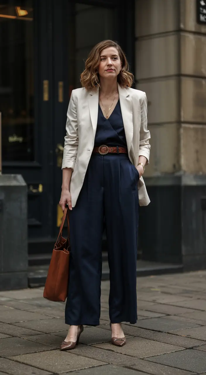 modern business casual outfits for women 2026 Soft Blazer and Deep Navy Layers