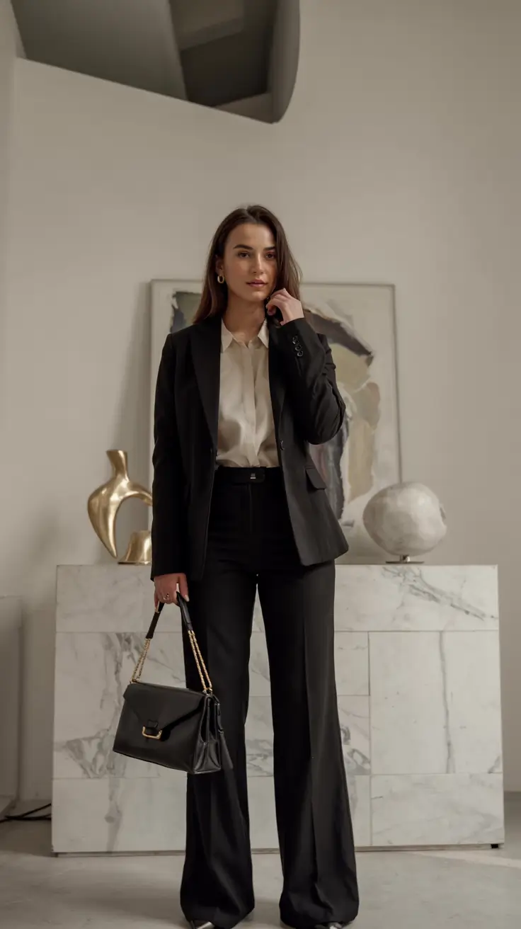 modern business casual outfits for women 2026 Black Suit with Satin Sophistication