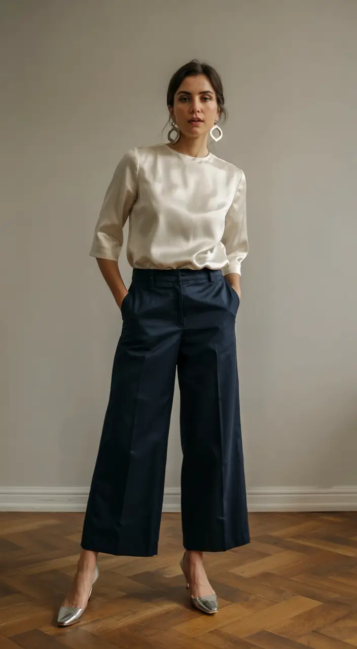 modern business casual outfits for women 2026 Soft Satin and Navy Balance