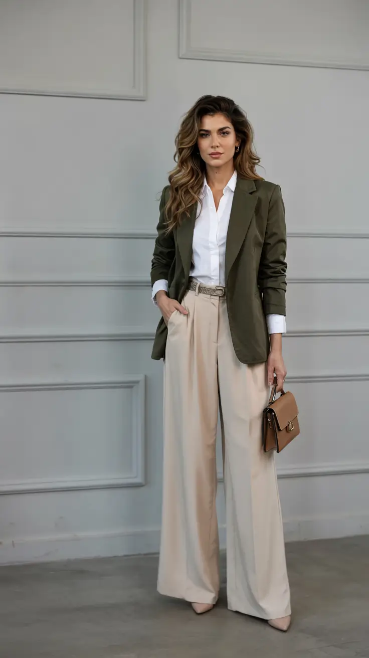 modern business casual outfits for women 2026 Olive Elegance with Tailored Ease