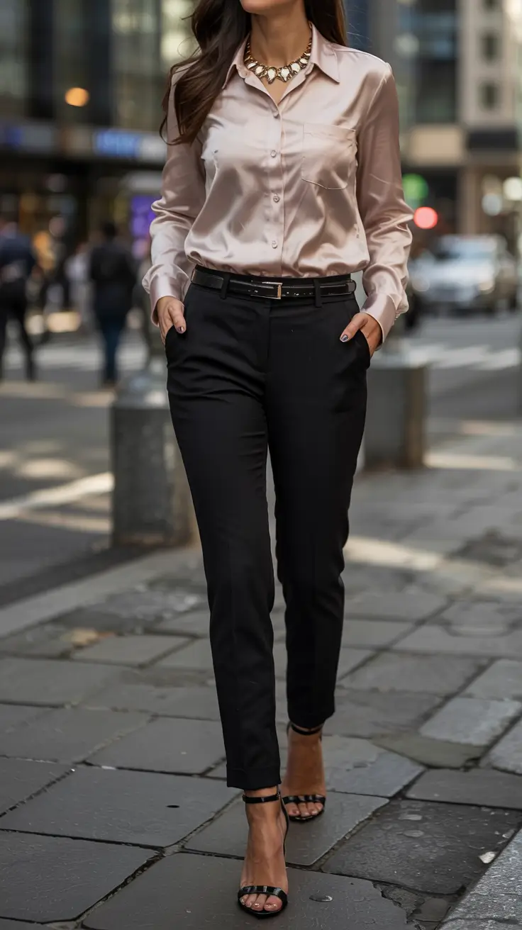 modern business casual outfits for women 2026 Champagne Silk and City Sharpness